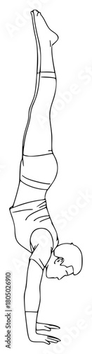 A line drawing of a person performing a yoga pose, balance, drawing, floor, gymnast, handstand, illustration, man, sketch, swimwear, trick, woman, against transparent background