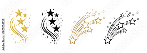 Shooting stars icon set. Gold and black meteor trail vector collection