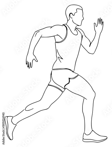 A continuous line drawing of a man in a running pose, athlete, athletic, black, illustration, jog, man, marathon, muscle, profile, run, runner, against transparent background