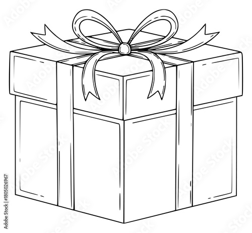 A simple gift box with a ribbon tied around it, bow, box, draw, gift, gift box, illustration, package, ribbon, sketch, wrap, against transparent background