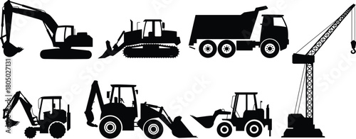 Vector silhouette collection of heavy construction machines including excavator, bulldozer, dump truck, and large building crane icons set.