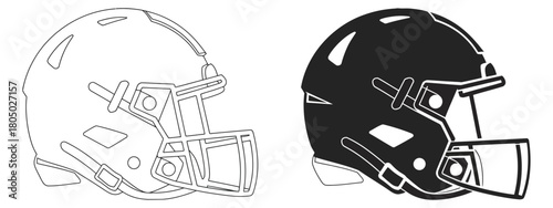 american football helmet vector icon set in black and white, isolated designs suitable for sports team branding, football graphics, athletic event promotions, and digital or print illustrations.