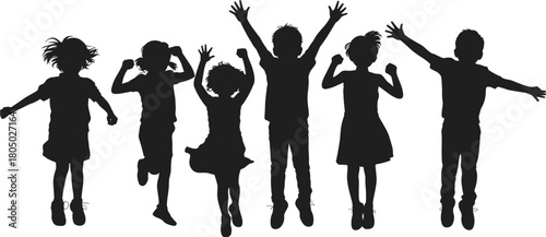 Vector silhouette set of happy children jumping, cheering, and celebrating success with arms raised high isolated on white background.