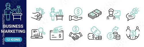 Business marketing thin line icon set. Containing sponsor, agreement, donation, handshake, partnership, trust, money, social media, megaphone, campaign, purchase, donation. Vector illustration