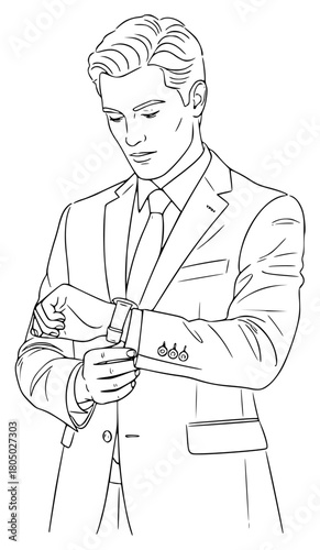 A line drawing of a man in a formal suit adjusting his watch, adjust, arm, business suit, businessman, catch, hand, illustration, man, suit, tie, watch, wear, against transparent background