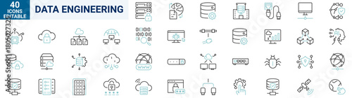 Data Engineering web line icon set. Editable stroke. Vector illustration