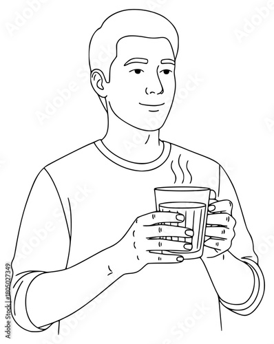 A line drawing of a man holding a cup of coffee, alcohol, beer, beverage, catch, cup, drink, hand, illustration, juice, liquid, man, shot glass, soda, against transparent background