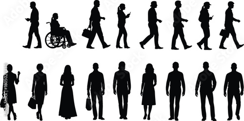 Silhouettes of diverse people walking, standing, using wheelchair, business and casual commuters isolated on white background for design and advertising