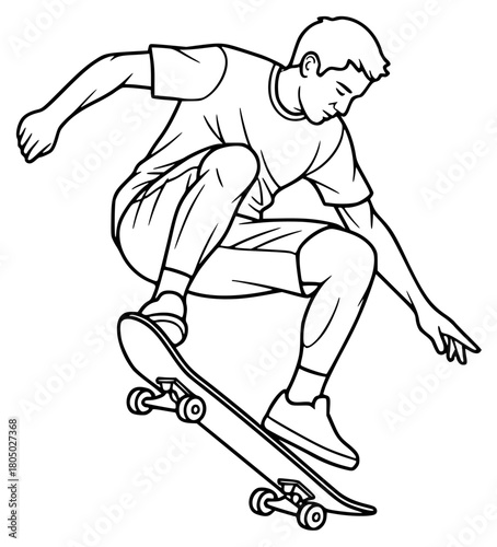 A line drawing of a skateboarder performing a trick, black, boy, illustration, man, ride, skate, skateboard, skateboarder, trick, against transparent background