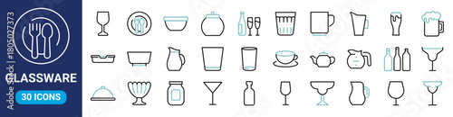 Glassware web line icons set . Editable stroke