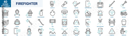 Fire Protection web line icon set. Fire department symbol with fire, fire hose, firefighter, extinguisher, fire engine, sprinkler system, burning house