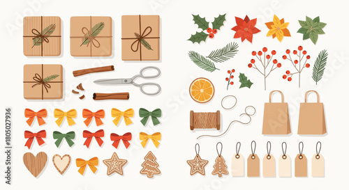 Flat Lay Illustration of Christmas Wrapping Supplies: Gifts, Ornaments, Ribbons, Tags, and More, Ready for Festive Holiday Gift Preparation