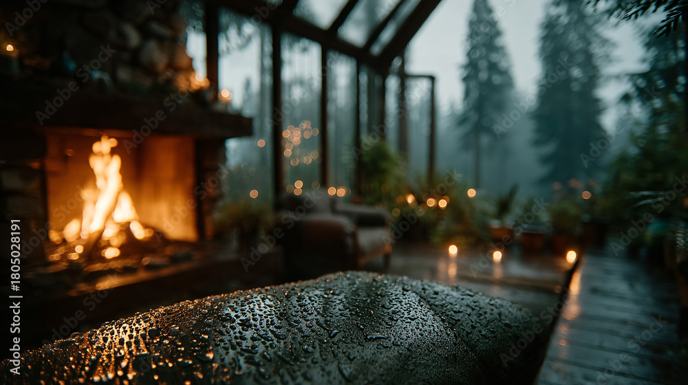 Fototapeta premium Cozy Cabin Interior with Fireplace and Winter Forest View Through Window