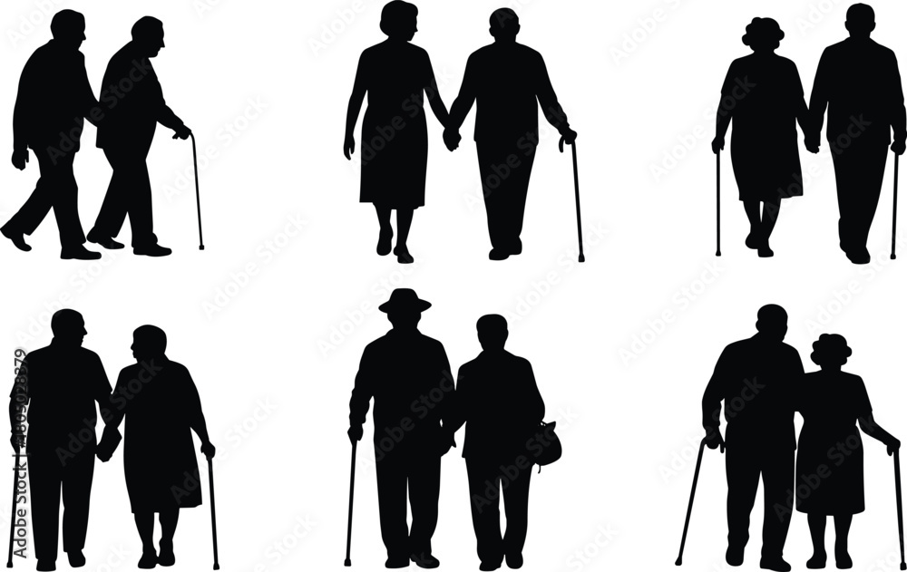 Obraz premium Silhouettes of elderly couples walking with canes, senior people holding hands, retirement age love, healthcare support and aging illustration