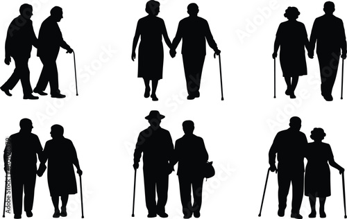 Silhouettes of elderly couples walking with canes, senior people holding hands, retirement age love, healthcare support and aging illustration