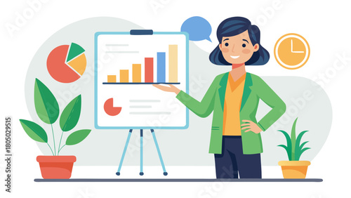 Businesswoman presenting financial data and growth charts on a whiteboard during a professional meeting