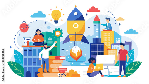 Diverse team collaborating on a new project launch with a rocket ship symbolizing startup growth and innovation