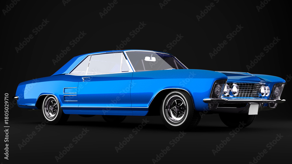 Fototapeta premium blue old retro car on black background front view
