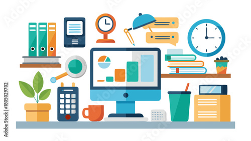 Modern office desk setup with computer charts plant folders and stationery for business productivity