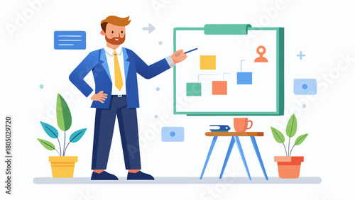 Businessman presenting a flowchart on a whiteboard with plants and a coffee mug on a stand