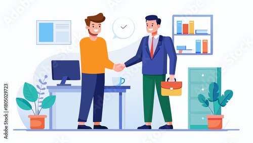 Two smiling businessmen shaking hands in an office setting symbolizing agreement and partnership success