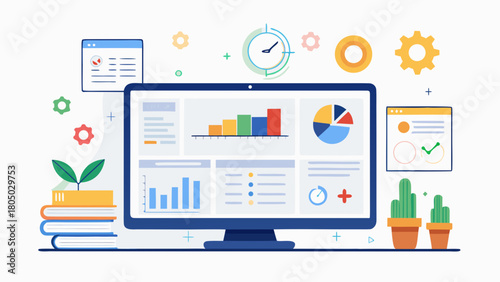 Digital dashboard displaying financial charts and graphs on a computer screen with educational and growth elements