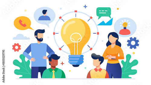 Diverse team collaborating on a bright idea with a large glowing lightbulb symbolizing innovation and creativity