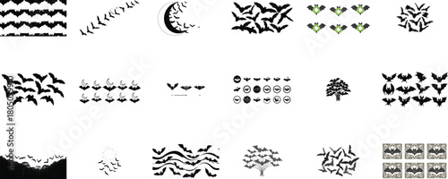 Bat silhouettes flying moon crescent and trees bats