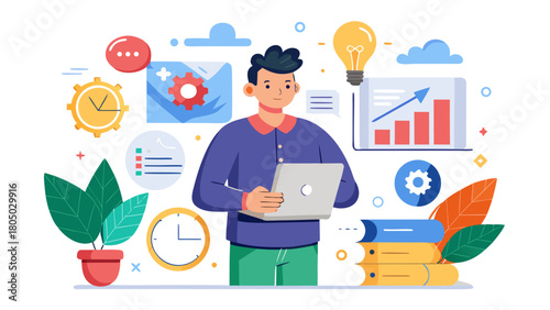 Man with laptop surrounded by business and productivity icons representing growth and ideas