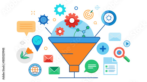 Conceptual illustration of a sales funnel with gears targets and communication icons representing marketing and business processes
