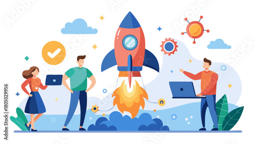 Team of people launching a rocket into the sky symbolizing startup success and innovation