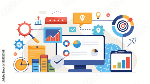 Business analytics and data visualization concept with charts graphs and computer screen showing growth and success