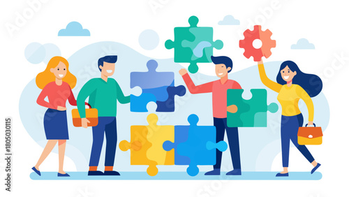 Diverse team of people collaborating and connecting puzzle pieces to achieve a common goal