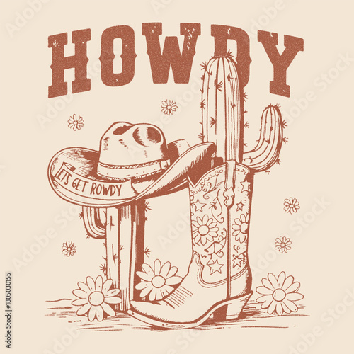 western and wild west culture. Hand drawn retro vector poster. western fashion print with Cowgirl boots. desert cowgirl t shirt design. girls graphics. summer print design. retro vintage country girl 