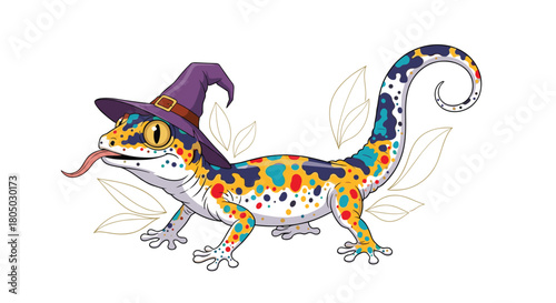 Cute cartoon leopard gecko wearing a purple witch hat with its tongue sticking out.