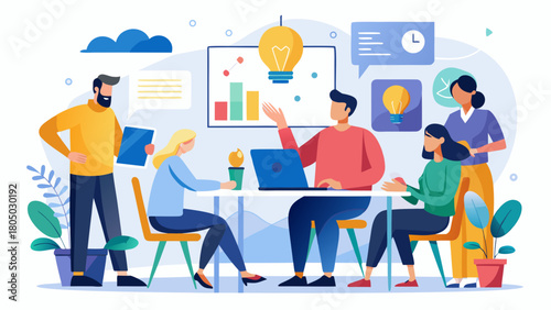 Diverse team collaborates on a business project with charts and lightbulb ideas in a modern office