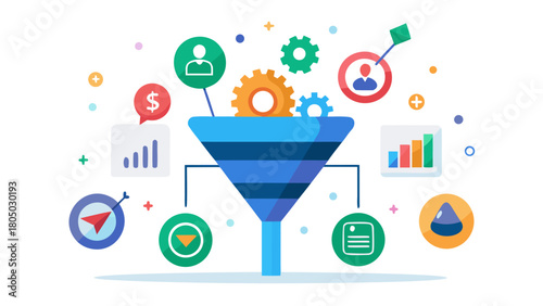 Sales funnel illustration with icons representing leads money data and process optimization for business growth