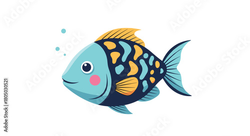Cute blue and yellow cartoon fish with dark blue spots swimming with bubbles.