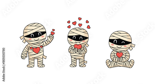 Three cute cartoon mummies holding and surrounded by red hearts on a white background.