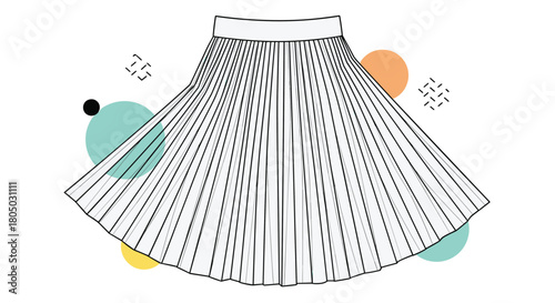 Pleated skirt illustration with abstract colorful circles and geometric shapes.
