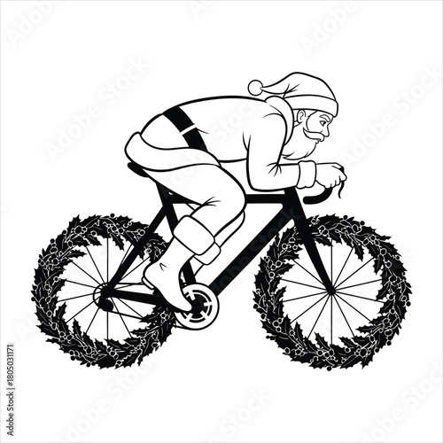 Santa riding racing bicycle with wreath-shaped wheels, forward lean, minimal aerodynamic lines in vector silhouette