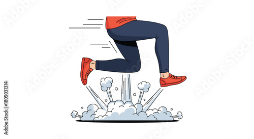 Cartoon illustration of a person's legs running quickly, creating a burst of speed lines and smoke effect.