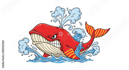 An angry red whale breaching through blue waves with water spraying from its blowhole.