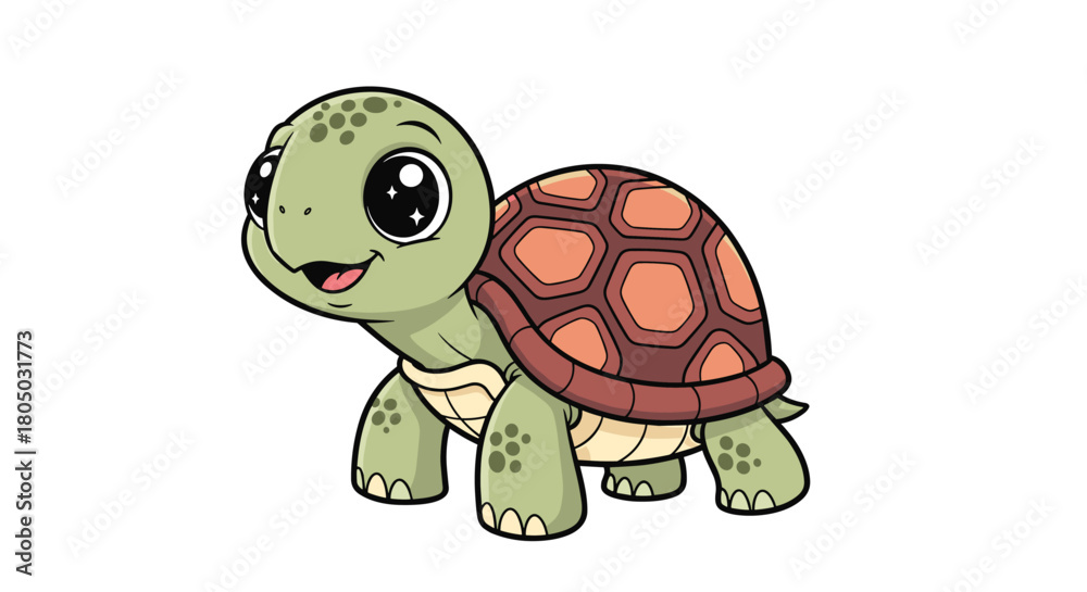 Obraz premium Cute cartoon baby turtle with big eyes and a patterned shell walking on a white background.