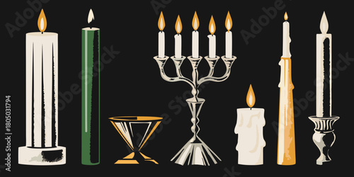 Collection of lit candles and a menorah on a dark background with a goblet