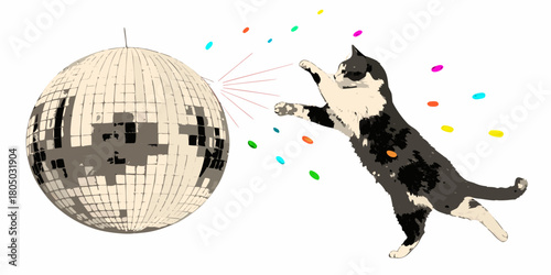 Playful black and white cat reaching for a sparkling disco ball surrounded by colorful confetti