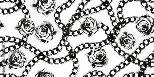 Elegant black and white seamless pattern of intertwined chains and roses