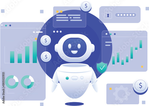 Fintech robot with financial charts and security shield
