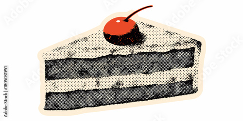 Retro style slice of chocolate cake with cherry topping and halftone texture