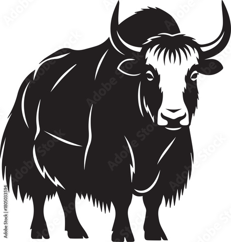 Majestic black yak with long horns standing proudly silhouette style